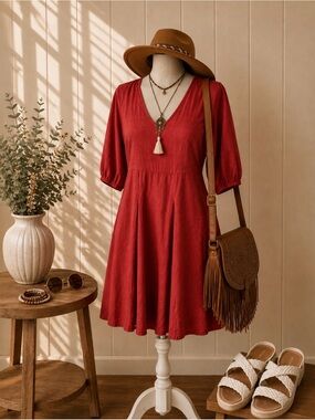 XS Universal Thread Red V-Neck Puff Sleeve Mini Dress